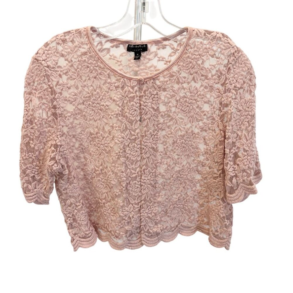 Vintage Pink Lace Short Sleeve Cardigan Y2K Ballet Coquette Fairy - Size Medium